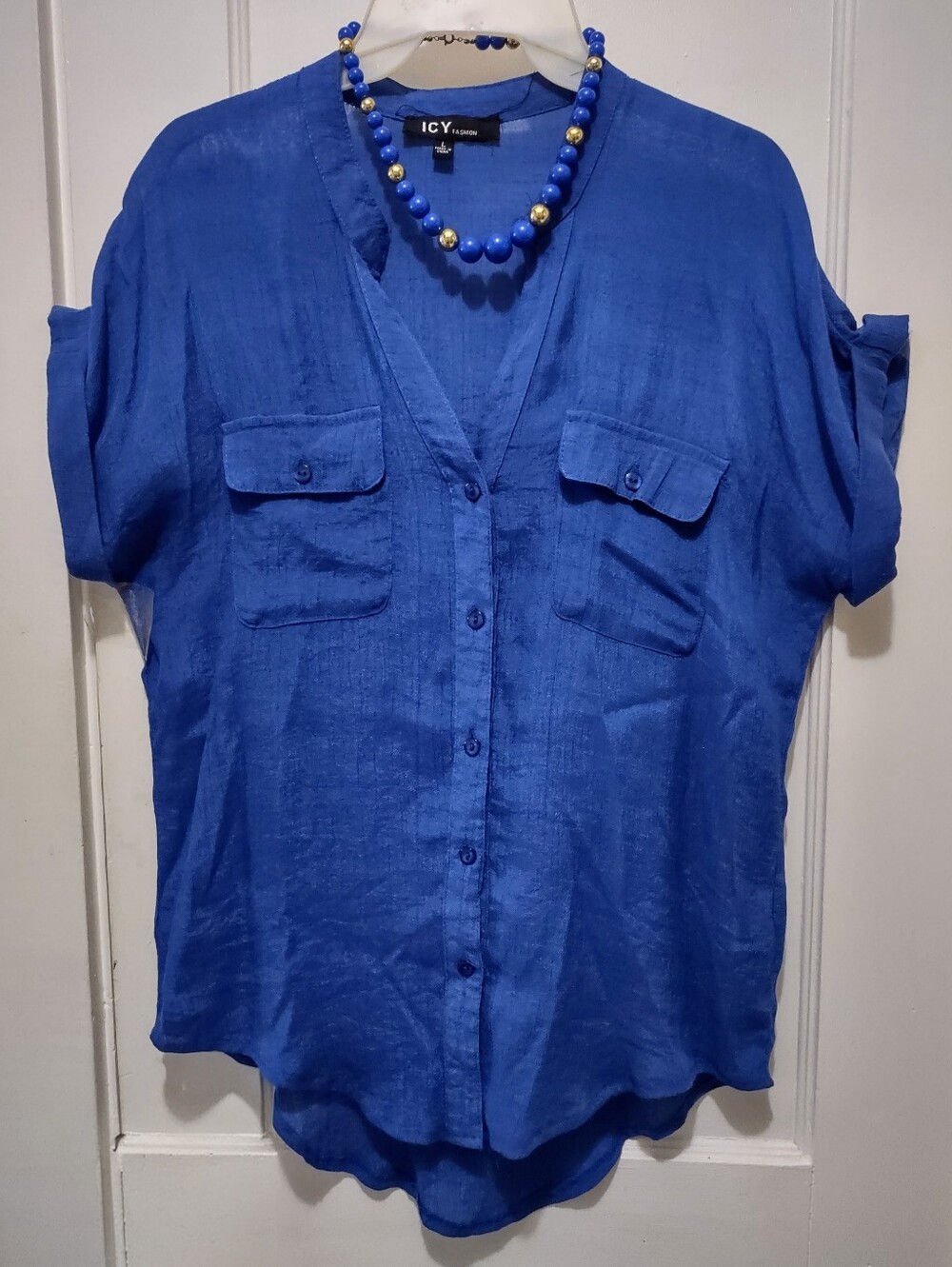 Cobalt Blue Button Down Short Sleeve Blouse